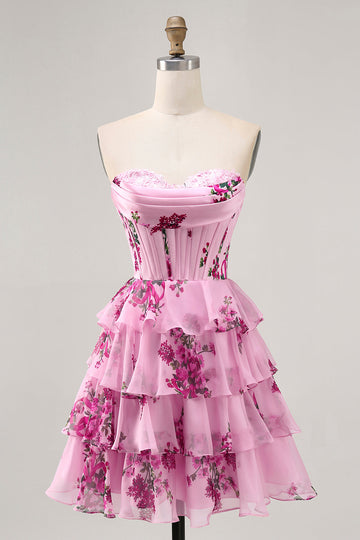 Tiered Pink Floral Strapless Cocktail Dress